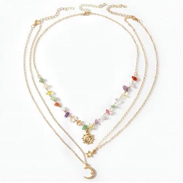 Imagem de Conjunto de colar com pingente de pedra em camadas para mulheres, 3 peças, cores aleatórias, irregulares, com sol, lua, estrela e outros pingentes, 14.2in, liga metálica, pedra, Sem Pedra Preciosa