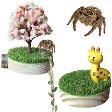 Imagem de YOMENO Conjunto de decoração de escalada de cerca de aranha pulando com base de gramado de árvore de flores e girafa de resina conjunto de enfeites de jardim em miniatura para animais de estimação