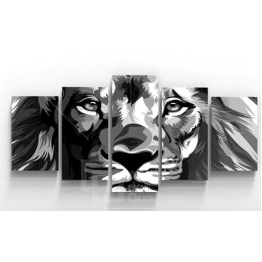 Imagem de Kit quadro decorativo 5 peças 95x60cm Leão Animal Preto E Branco
