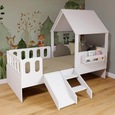 Imagem de Cama Casinha Com Telhado Mdf Kit Escada E Grades Anatômica Branco Mobilistore