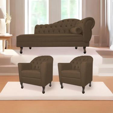 Imagem de Kit Diva Recamier Diana 140cm Lado Esquerdo e 02 Poltronas Julia Suede Marrom