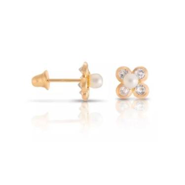 Imagem de Brinco De Ouro 18k 750 Flor Zircônias Redondas Com Central - ZELLO JÓI