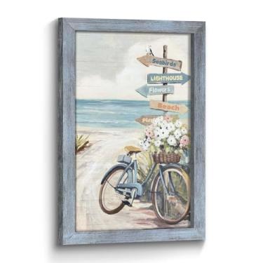 Imagem de Paisagem costeira rústica decoração de parede: praia tropical beira-mar bicicleta com flores placas de praia paisagem arte emoldurada de madeira impressão imagem oceano litoral pintura arte para