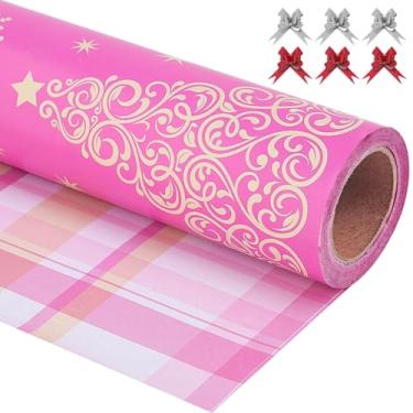 Imagem de EWES Rolos de papel de embrulho de Natal rosa fofos para crianças, árvore reversível, grossa, estética, elegante, folhas de embrulho para presente, resistente, meninas, princesas, total de 48 m²