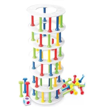 Imagem de Jogo Derruba Torre, Multicolorido, Plástico Resistente, 25 Colunas e 7 Anéis de Suporte, para Crianças Acima de 3 Anos, Jogo de Equilíbrio e Concentração