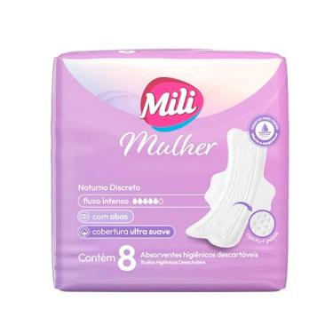 Imagem de Absorvente Externo Mili Mulher Noturno Discreto Cobertura Suave, Tecnologia Comfort Points com Absorção Rápida, Fluxo Intenso, Com Abas, 8 Unidades