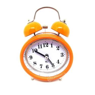 Imagem de Relógio Despertador Analógico Retrô, Laranja, Metal e Plástico, 2 Sinos, 13x9x4.5cm, Funcionamento à Pilha AA