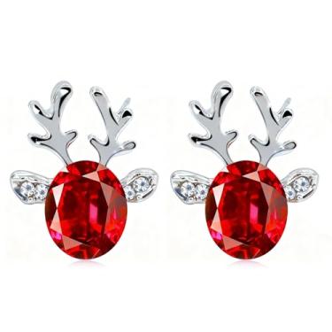 Imagem de Iaceble Brincos de veado rubi de Natal com chifre de gema vermelha, brincos de rena de alce de cristal, brincos de strass de Natal, joias para mulheres e meninas (vermelho)