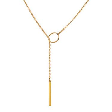 Imagem de Colar delicado de ouro Y Lariat com anel circular e pingente de barra, joia de corrente minimalista