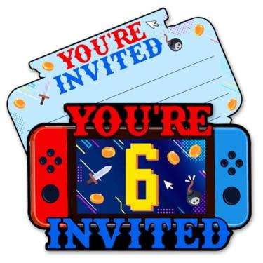 Imagem de QYCFDXD Convites de festa de aniversário de 6 anos em forma de console de videogame para meninos, lembrancinhas de festa de aniversário de 6 anos de idade, decorações, pacote com 20 com envelopes