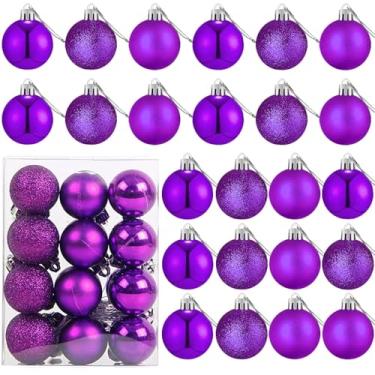 Imagem de 24 bolas pequenas de enfeites de Natal roxos, mini ornamentos para mini árvore de Natal, pequena árvore de dia dos namorados à prova de estilhaçamento, lâmpadas decorativas para decoração de festa ao