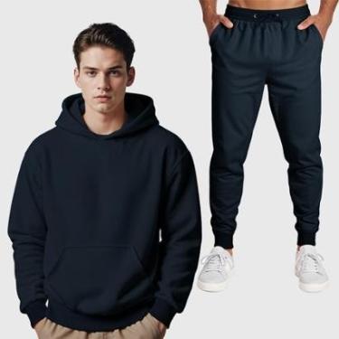 Imagem de Conjunto Blusa Moletom Canguru + Calça Masculina Lisa-Masculino