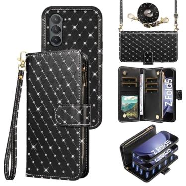 Imagem de Compatível com Samsung Galaxy Z Fold 6 5G 2024 capa carteira com zíper celular alça transversal com glitter flip porta-cartões slot capa de telefone para ZFold6 Z6 G Fold6 ZFold 6Z mulheres meninas