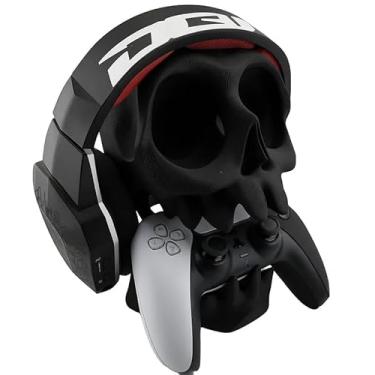 Imagem de Suporte Base para Controle PS5, PS4 e Fone de Ouvido, Design Caveira, Montagem em Parede ou Mesa, Preto