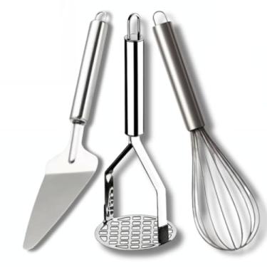 Imagem de Cozinha Inox 3 Peças | Amassador de Batatas Inox, Fouet, Espátula de Bolo Utensílios Domésticos(3 UNIDADES)