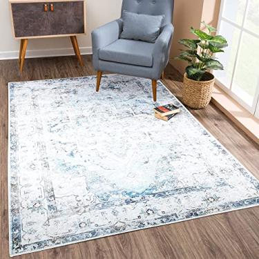 Imagem de Bloom Rugs Tapete lavável antiderrapante de 6 cm x 7 cm - Tapete de área oriental tradicional bege/azul para sala de estar, quarto, sala de jantar e cozinha - Tamanho exato: 5 x 7 cm