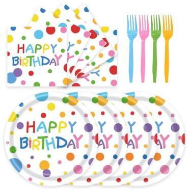 Imagem de LYFREE 72 peças de pratos e guardanapos de feliz aniversário, pratos de papel e guardanapos coloridos garfos de 18 cm, pratos descartáveis de sobremesa, decorações para meninos e meninas, festa de
