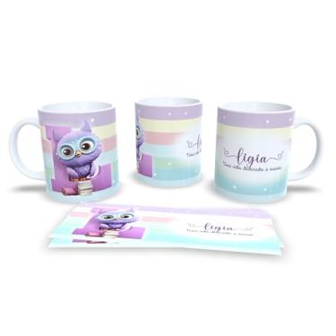 Imagem de Caneca Personalizada com Coruja e Letra A, Porcelana, Design Educacional, Uma Vida Dedicada a Ensinar, Listras Pastéis (l)