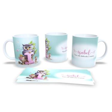 Imagem de Caneca Personalizada com Coruja e Letra A, Porcelana, Design Educacional, Uma Vida Dedicada a Ensinar, Listras Pastéis (i)