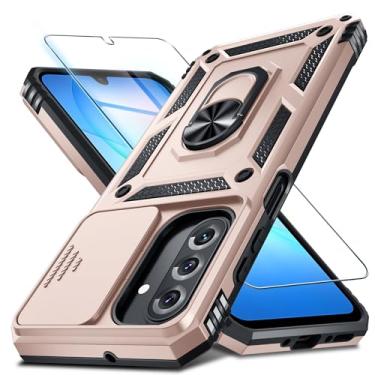 Imagem de Janmitta Compatível com Samsung Galaxy A17 5G/4G Capa de lente de câmera deslizante embutida + protetor de tela + suporte de anel de dedo, capa de celular resistente à prova de choque, ouro rosa