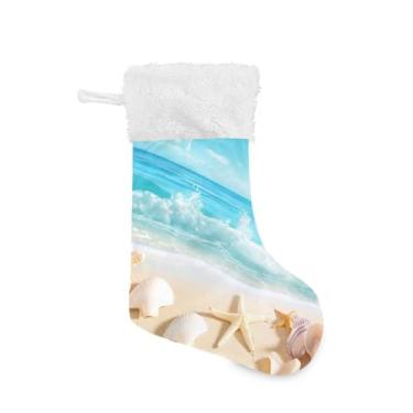 Imagem de Blueangle Pacote com 2 meias bonitas de Natal com cenário de praia de 44 cm para decorações de festas de fim de ano, porta-presentes e meias (444)