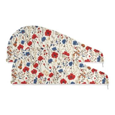 Imagem de SEHANY Toalha de cabelo de microfibra com flores coloridas elegantes para mulheres, 2 peças, turbantes de cabelo de secagem rápida com botão, touca de cabelo seco absorvente, toalha de secagem de