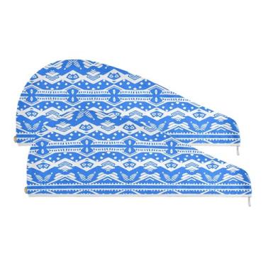 Imagem de SEHANY Toalha de cabelo de microfibra vintage azul boêmio para mulheres, 2 peças, turbantes de cabelo de secagem rápida com botão, touca de cabelo seco absorvente toalha de secagem de cabelo para