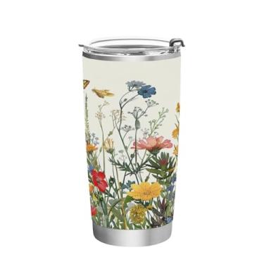 Imagem de Blueangle Copo de 590 ml com tampa e canudo, copo de café com água isolada a vácuo de aço inoxidável, caneca de viagem de flores silvestres de verão copo térmico para bebidas quentes e frias (881)