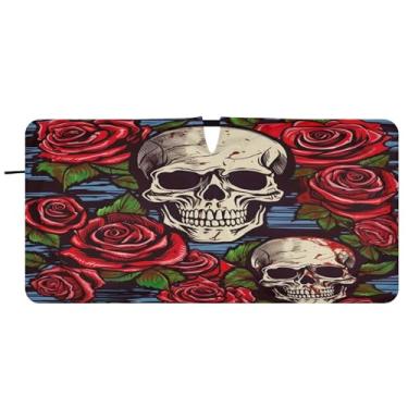 Imagem de Blueangle Para-brisa com padrão de crânio rosa - 149.9 cm x 76.2 cm dobrável carro janela dianteira para-sol blocos raios UV viseira de sol (701)