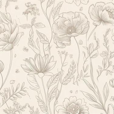 Imagem de MuralPeel Papel de parede moderno bege preto flores silvestres descascar e colar autoadesivo removível fácil de remover no papel de parede para locatário de armário de quarto