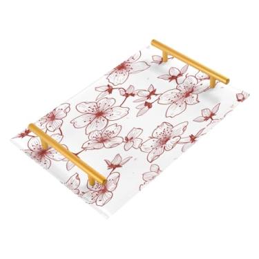 Imagem de Wassud Bandeja de banheiro simples flores de cerejeira bandejas de perfume de acrílico com alça de maquiagem bandeja de cômoda para quarto e cozinha, 30 x 20 cm