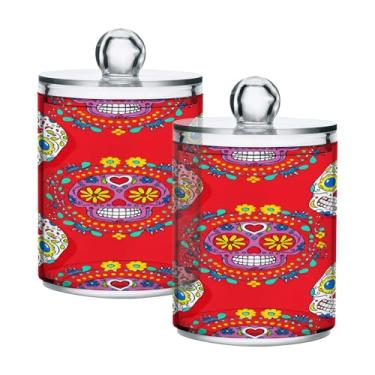 Imagem de CEBUGI Dispensador de suporte Qtip para cotonetes, bolas, almofadas, palitos de fio dental, crânios de açúcar coloridos, frasco de boticário de plástico transparente com tampa, acessórios essenciais