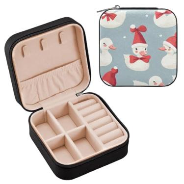 Imagem de Wassud White Ducks Estojo de joias de viagem de Natal vermelho para mulheres, meninas, senhoras, noiva, mini organizador de joias de couro PU, caixa quadrada de armazenamento de joias para brincos