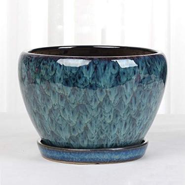 Imagem de Vaso de flores para decoração artesanal, vaso de cerâmica, jardim, férias, suculentas, flores, cactos, com bandeja de bambu (azul - 17,5 cm x 12 cm