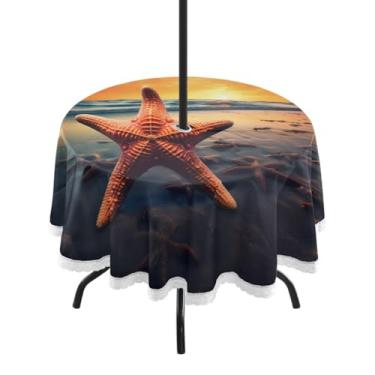 Imagem de CEBUGI Toalha de mesa redonda para uso externo, estrela-do-mar, impermeável, com furo Umberlla, capa de mesa lavável para pátio, cozinha, sala de jantar, 152 cm