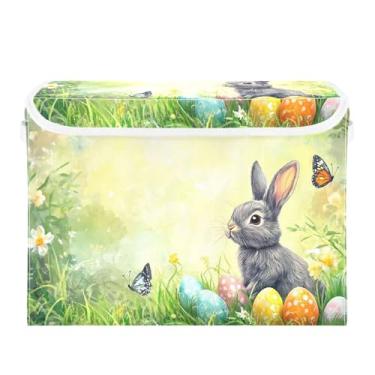 Imagem de CEBUGI Caixotes de armazenamento com tampas, caixa de armazenamento de tecido dobrável, organizador de cubo de coelhinho da Páscoa para prateleiras de quarto de armário de casa 40 x 30 x 30 cm