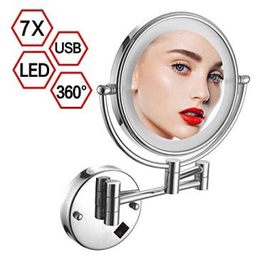 Imagem de LMJYU Espelho de maquiagem de banheiro montado na parede 20 cm dois lados 360° giratório USB espelho cosmético espelho de barbear