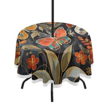 Imagem de CEBUGI Toalha de mesa redonda para uso externo, borboleta, flor, impermeável, com furo Umberlla, capa de mesa lavável para pátio, cozinha, sala de jantar, 152 cm