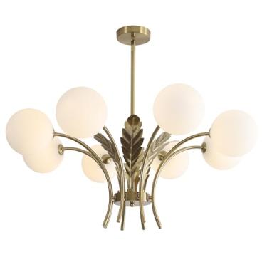 Imagem de Lustre Sputnik de teto com 8 esferas de latão e vidro leitoso, estilo fazenda, ajustável, ideal para cozinha, quarto, sala de estar e sala de jantar.