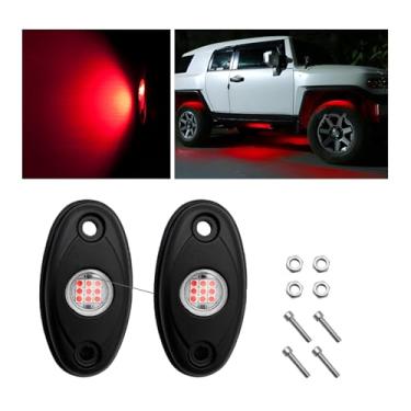 Imagem de Dickno 2 peças de luzes LED para rocha, IP67 à prova d'água neon para trilhas, luzes de para-lama de alto brilho para caminhões SUV off-road, acessórios universais de carro para iluminação (vermelho)