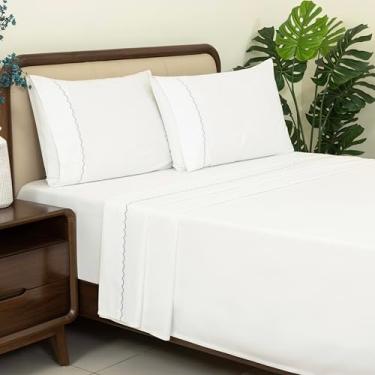 Imagem de Dreamology Jogo de lençol Queen bordado 100% algodão, macio e resistente a rugas, bolso profundo de 41 cm, 4 peças inclui 1 lençol com elástico, 1 lençol de cima e 2 fronhas