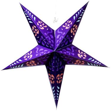 Imagem de PuranGuru Lanterna de estrela de papel para teto | Chacra de 61 cm | Abstrato roxo vibrante | Candeeiro suspenso oco feito à mão | Decoração de estrela de Natal para ambientes internos e externos |