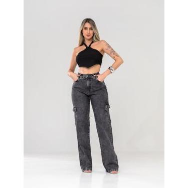 Imagem de Calça Wide Leg Cargo Feminina  Jeans Grafite Chumbo Marmorizado, Cintu