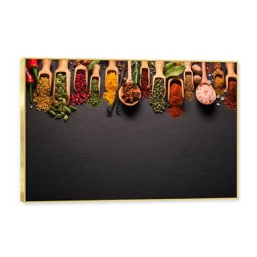 Imagem de Moldura dourada. Arte de parede em tela de especiarias coloridas e colher de tempero | Decoração de cozinha vintage | Arte moderna para casa e sala de jantar. B40. 80 x 120 cm - 31,5 x 47,3 pol