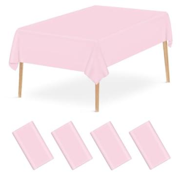 Imagem de Mulbozy Toalha de mesa descartável de plástico rosa, pacote com 4, toalhas de mesa retangulares, 137 × 272 cm, capa de mesa de plástico rosa claro para decoração de festa