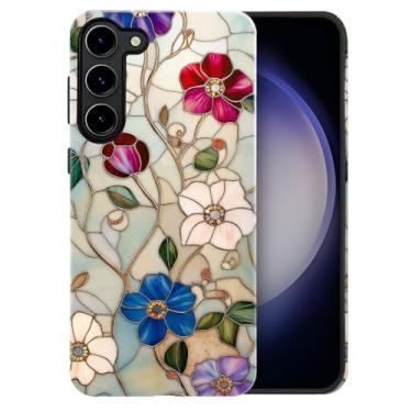 Imagem de heindiy Compatível com Samsung Galaxy S23, capa brilhante proteção completa à prova de choque anti-arranhões capa de TPU, capas para homem mulher - vintage encantador flor vitral