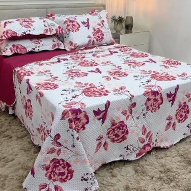 Imagem de Kit Colcha Cobre Leito Casal Queen 3 Peças Estampada Florida Matelado Boutis Percal Cama Box (Rosa Marsala,Casal (2,30 x 2,10))