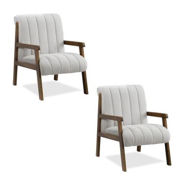 Imagem de Poltrona Decorativa Sala Base De Madeira Kit 2 Daline Bouclê Cinza Claro E03 - D'rossi