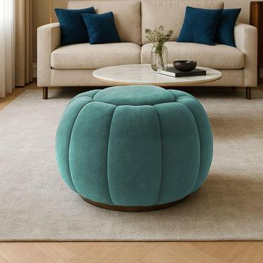 Imagem de Puff Redondo Orgânico Para Sala Cloud Bouclê Azul Turquesa E03 - D'rossi