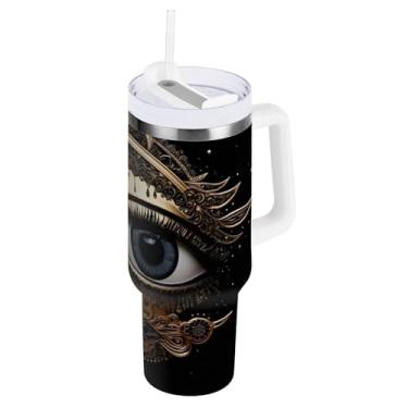 Imagem de Copos com isolamento duplo preto Eye Mystical com alça e tampa de palha, copo de água isolado 850 g / 0,89 L
